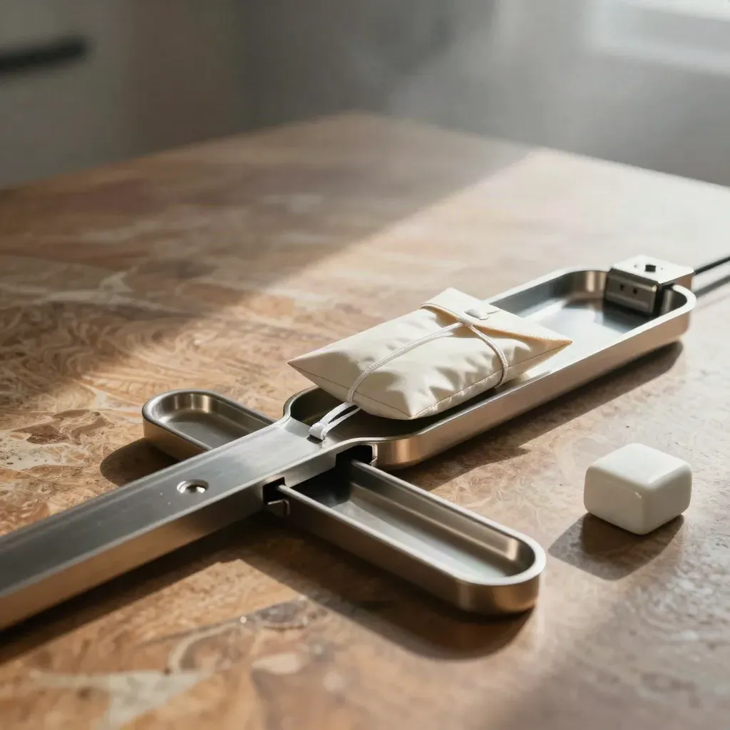 Polished routing channels diverting a sealed pouch into three trays on a walnut surface.