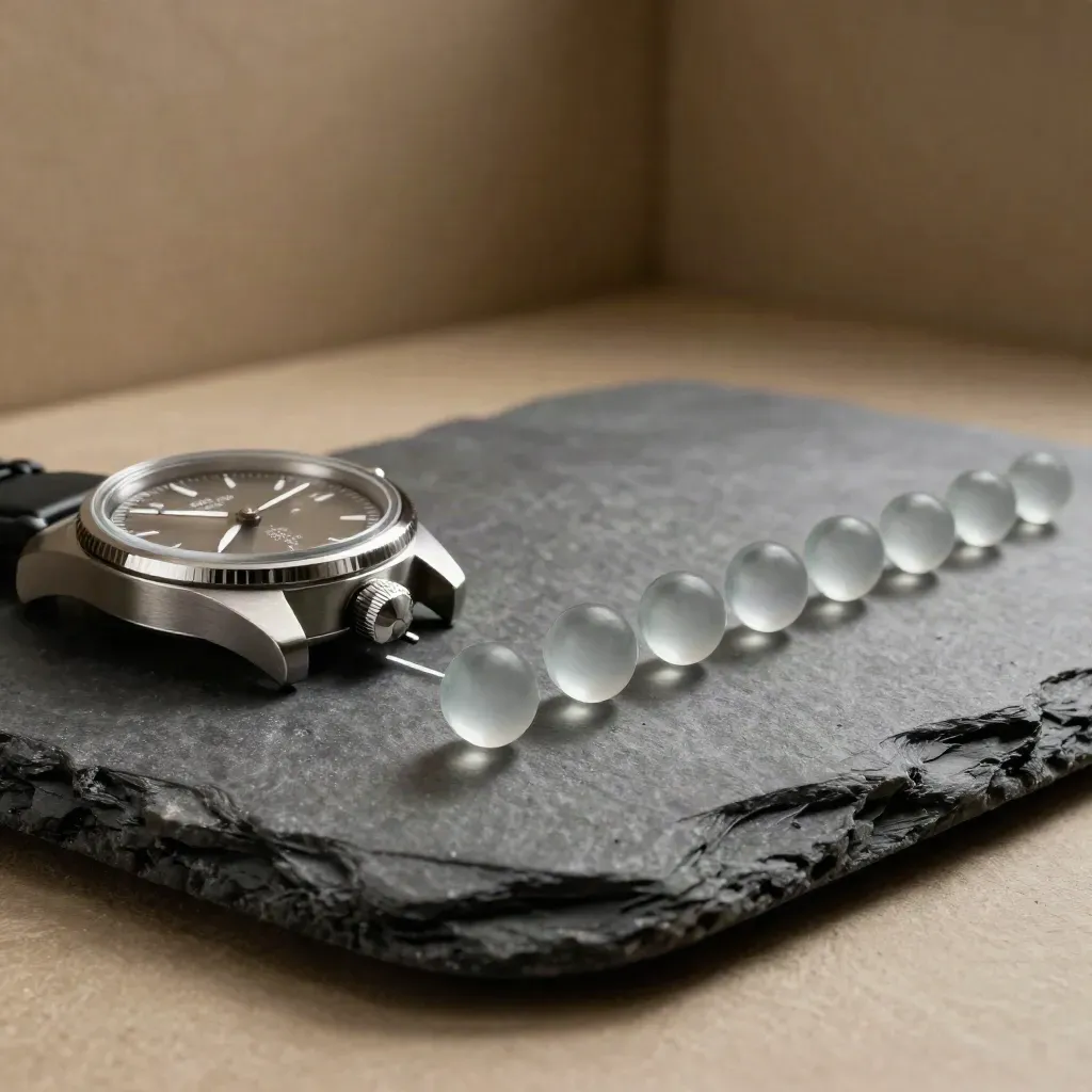 A close-up of a risk-control dial with glass tokens on dark stone in dramatic silver light