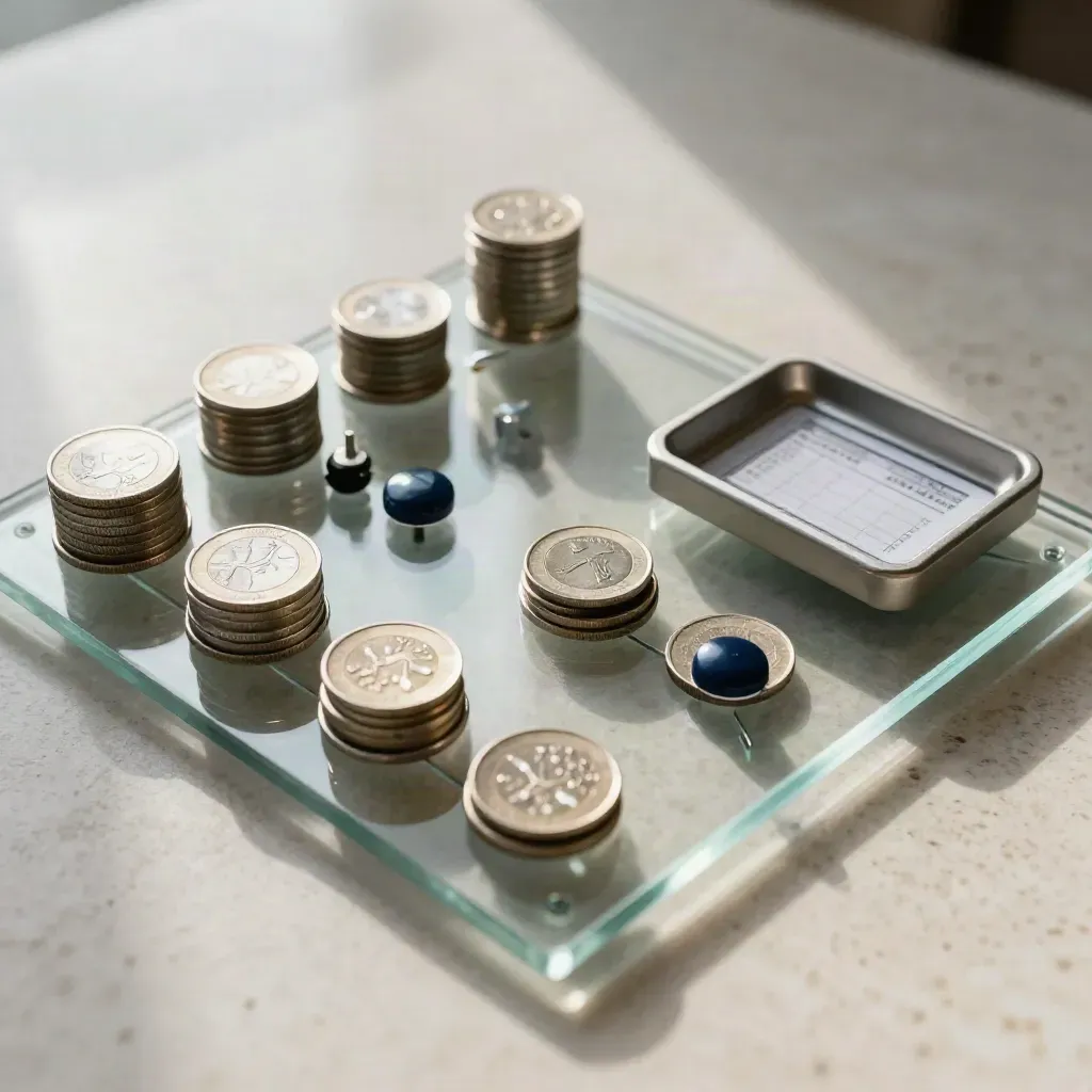 Top-down glass balance board with coin stacks, route pegs and open tray on pale stone.