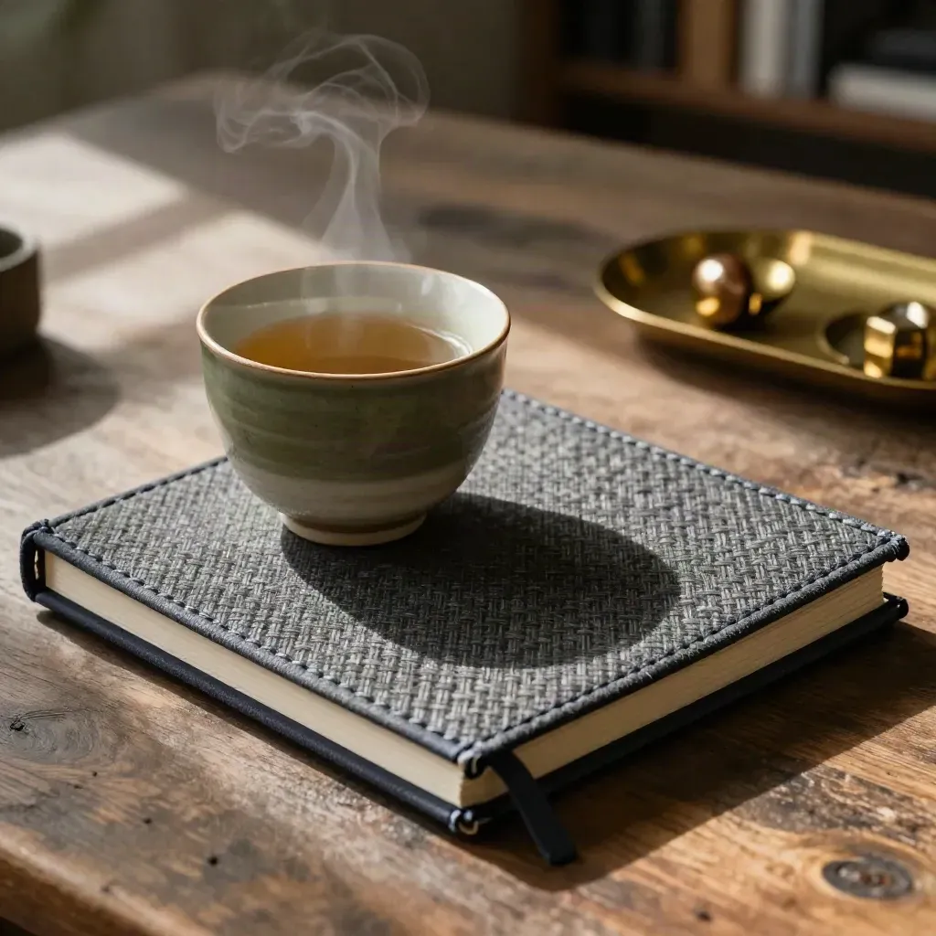 Steaming tea cup, closed fabric notebook and brass tray on a calm client-support desk.