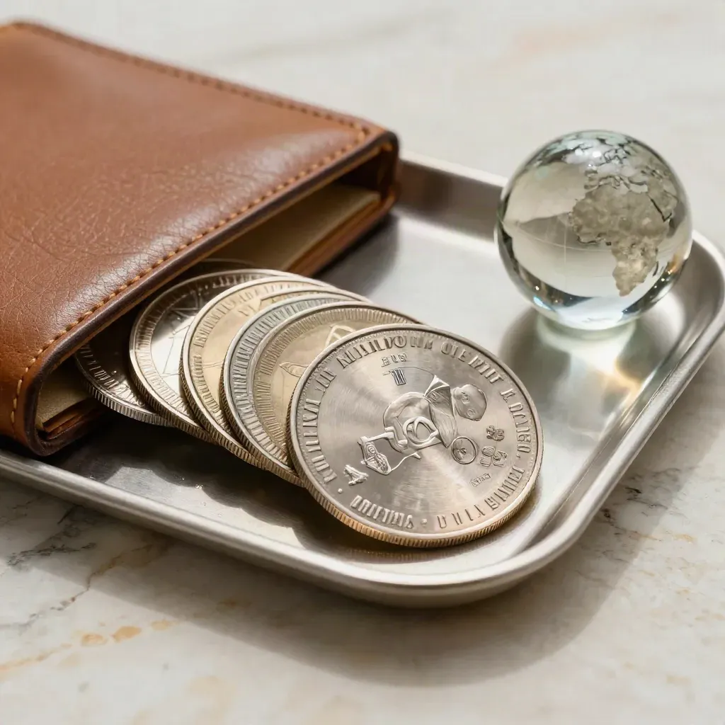 Macro FX tray with metal discs, leather folder and globe paperweight on travertine.