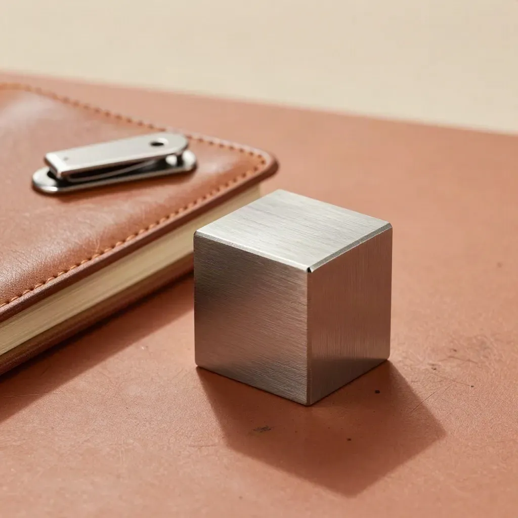 Stacked steel treasury blocks beside a closed leather ledger and timing clip on a terracotta workbench.