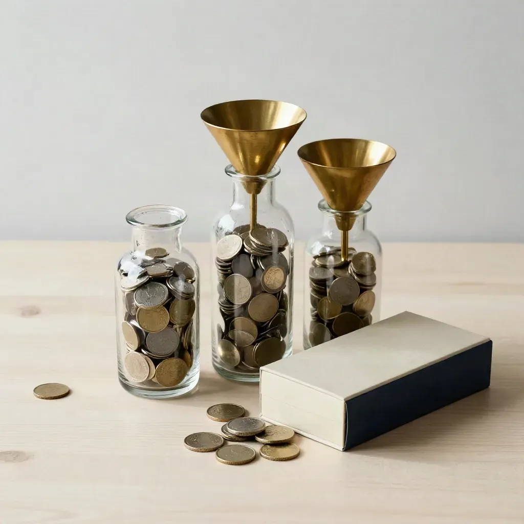 Three glass vessels of currency tokens, brass funnel, and account box on pale wood.