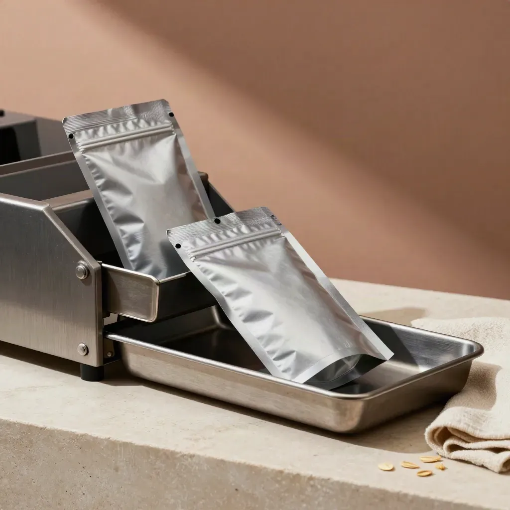 Brushed metal FX sorter with sealed pouches sliding into a route tray on pale stone.