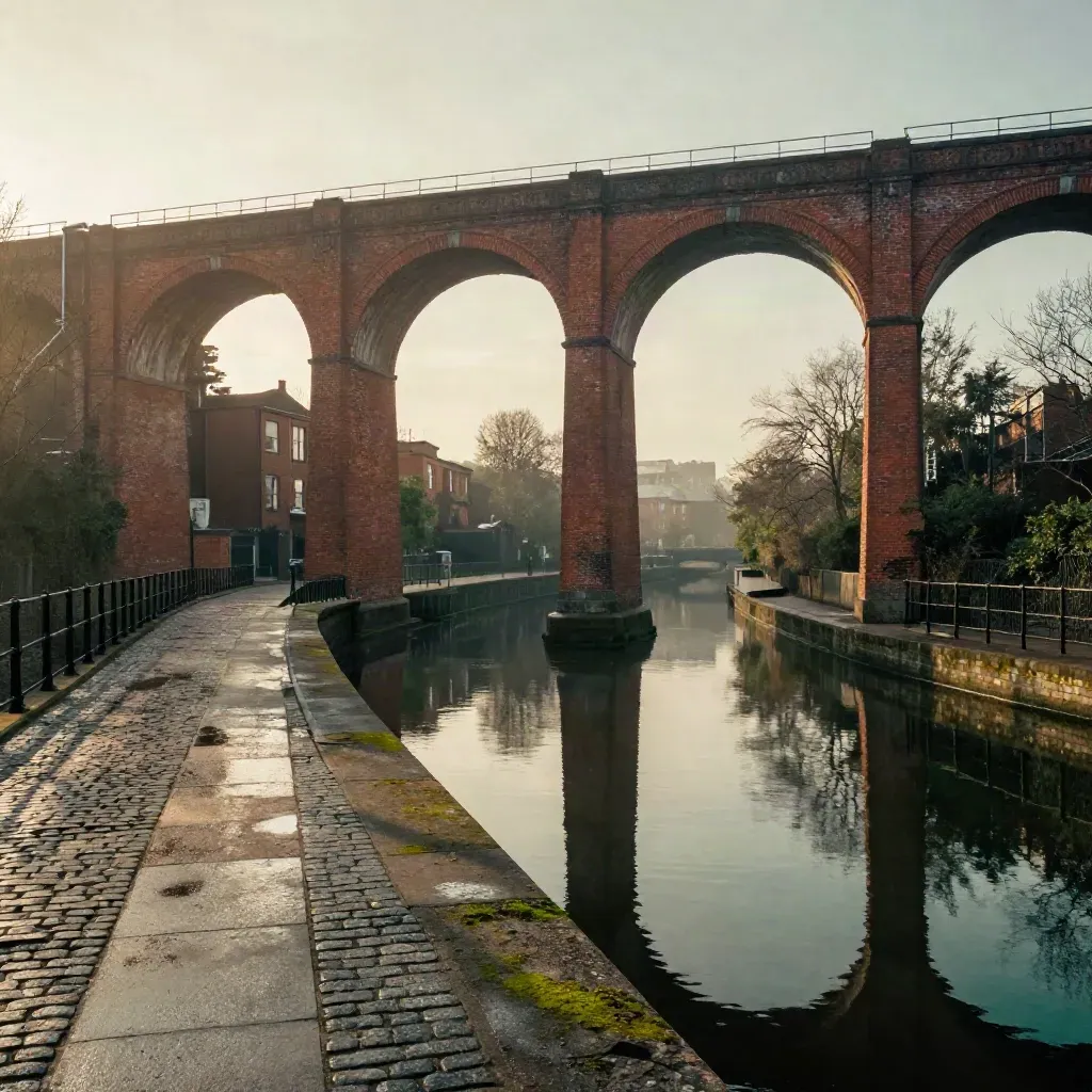 Birmingham canal basin under golden-hour drizzle, brick viaducts and calm reflective water