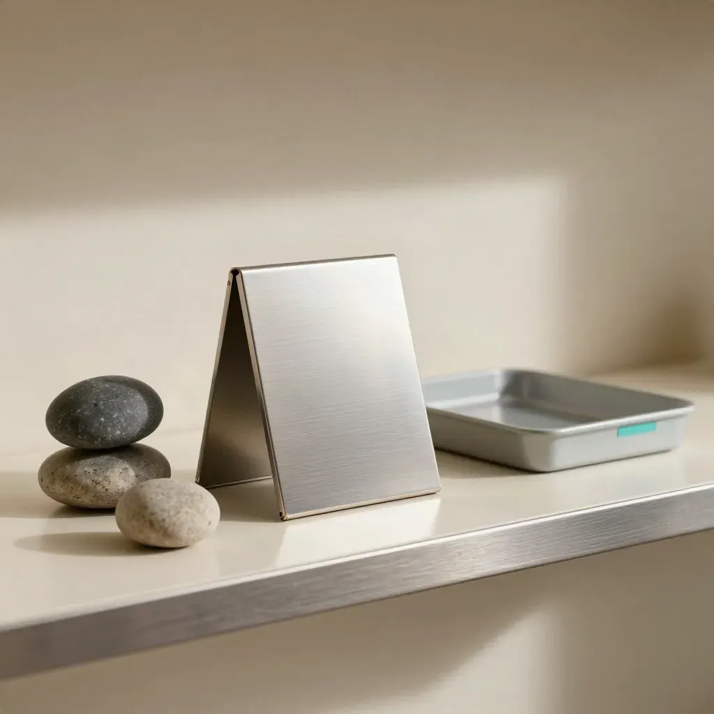 Stone balance weights, metal ledger block, and empty tray on a pale shelf with soft side light.