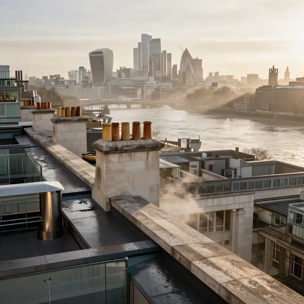 London skyline over the Thames in warm mist from a rooftop edge, with calm copy space below.