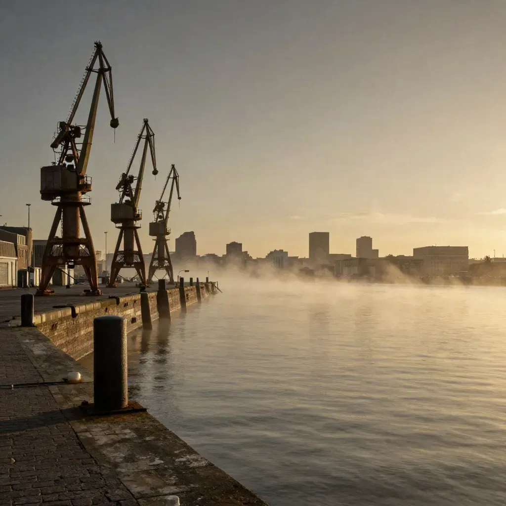 Liverpool docks at sunset with cranes, brick quays, mist and still water